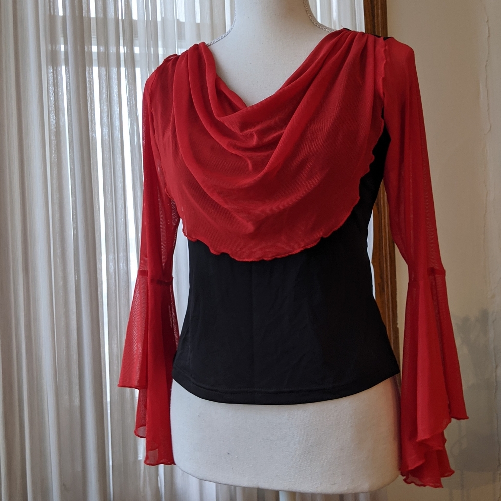 Sheer Mesh Cowl Neck Bell Sleeve Ruched Top